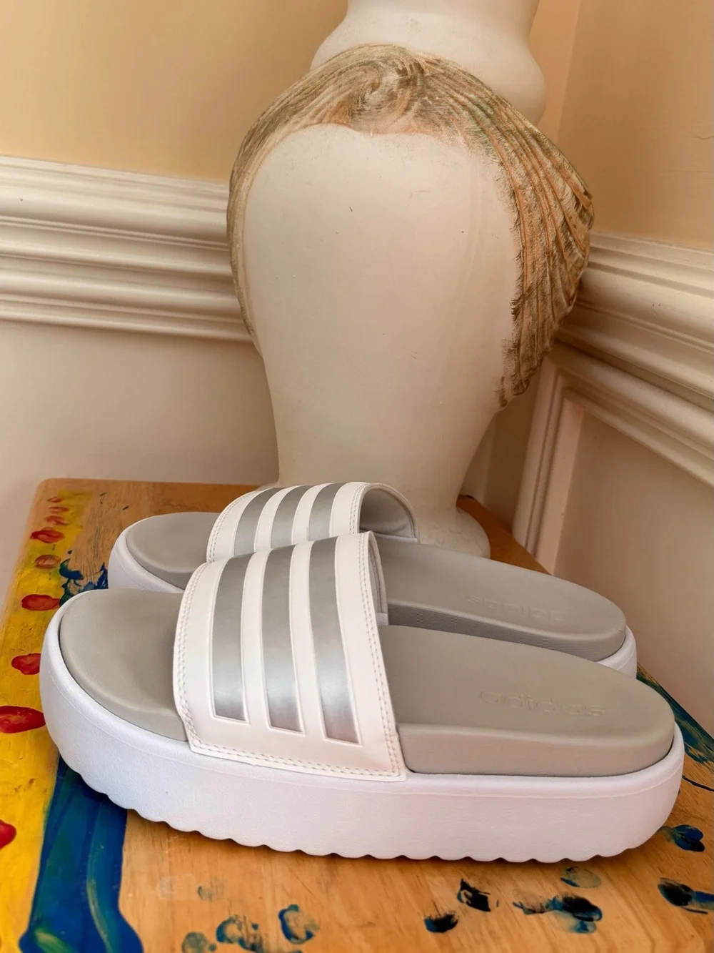adidas Women’s Adilette White Grey Metallic Platform Slides Size 8